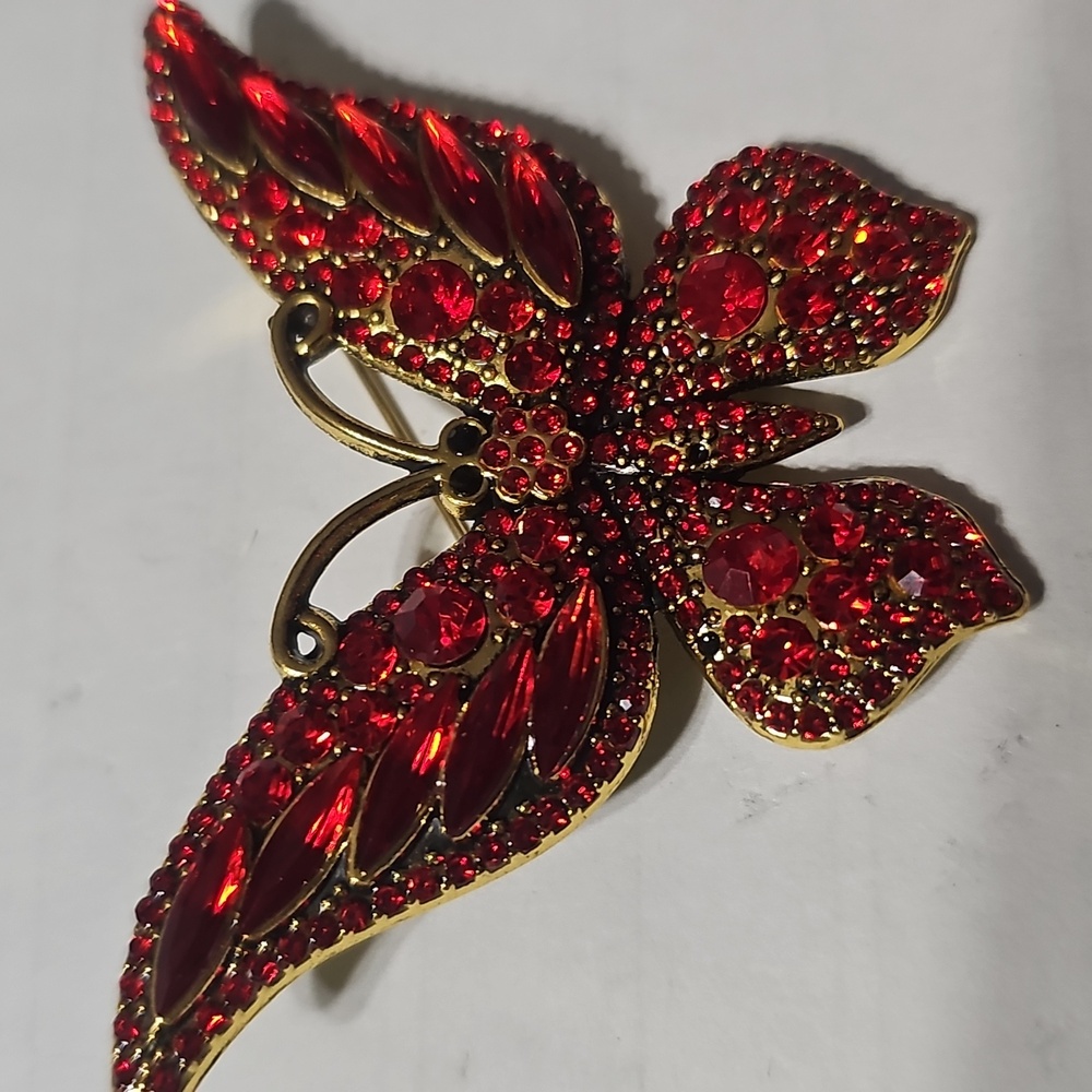 Red Jeweled Butterfly Brooch NEW